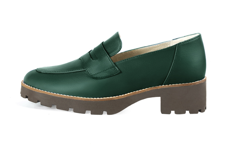 Forest green women's casual loafers. Round toe. Low rubber soles. Profile view - Florence KOOIJMAN